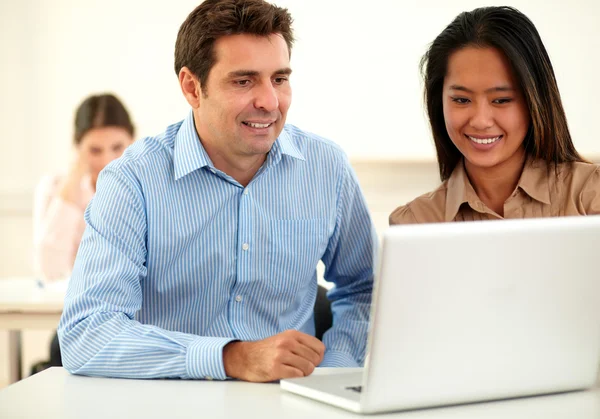 Manliga och kvinnliga medarbetare ser på laptop — Stockfoto