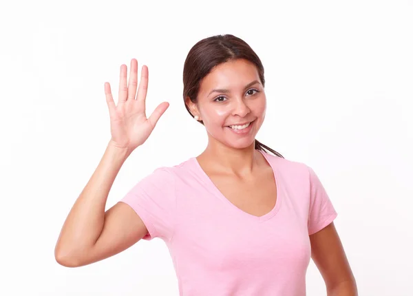 Friendly brunette lady with greeting hand — Stock Photo, Image