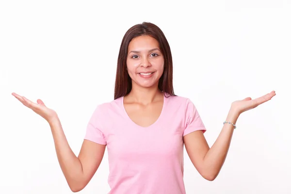 Attractive young girl holding up her hands — Stock Photo, Image