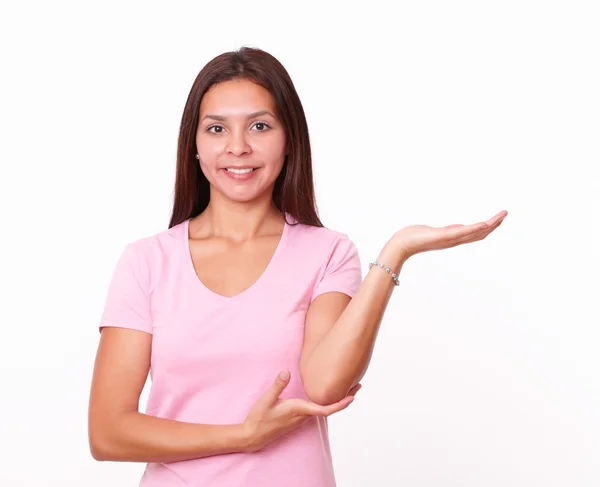 Alone hispanic girl holding up her left hand — Stock Photo, Image