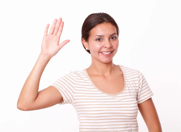 Girl with greeting gesture — Stock Photo, Image