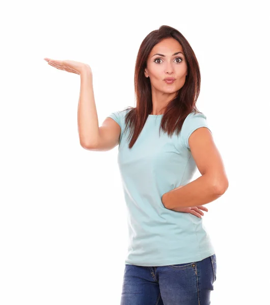 Attractive hispanic woman holding right palm up — Stock Photo, Image