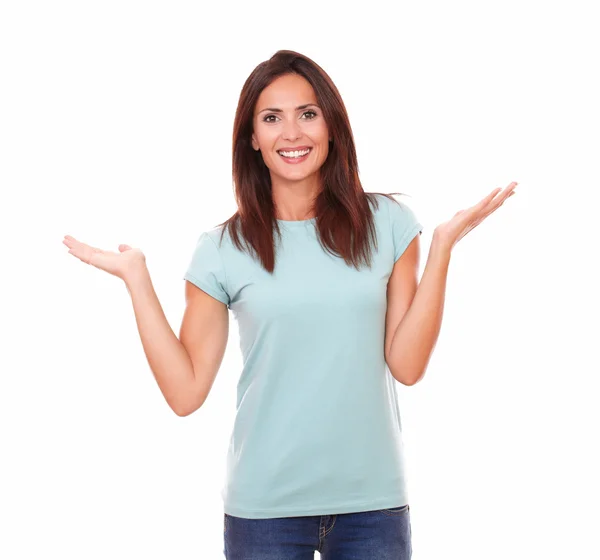 Fashionable latin girl holding her palms up — Stock Photo, Image