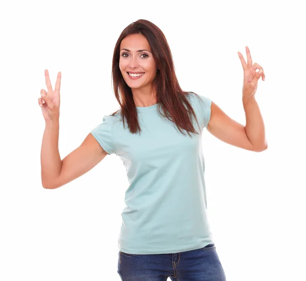 Satisfied adult lady celebrating her victory — Stock Photo, Image