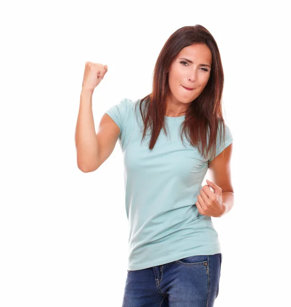 Attractive adult brunette celebrating her victory — Stock Photo, Image