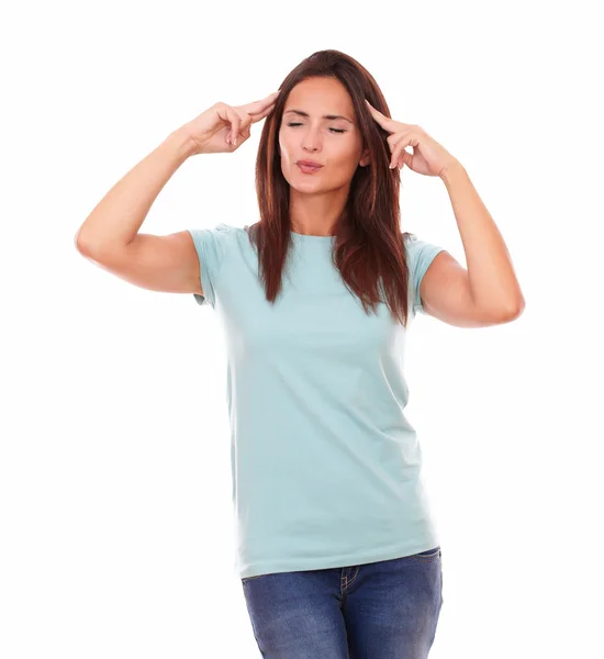 Pensive young lady with eyes closed standing — Stock Photo, Image