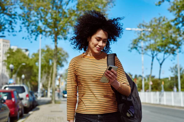 Cute Young Black Woman Sending Text Message Her Cellphone While — Stock Photo, Image