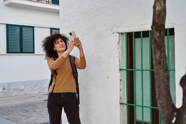 Cute Young Black Woman Taking Picture Her Smartphone While Standing — Stock Photo, Image