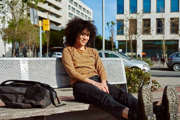 Cute Young Black Woman Relaxing Cheerfully Bench City Day — Stock Photo, Image