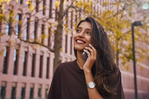美しく幸せなビジネスマンの女性が路上で電話で話している ストック画像