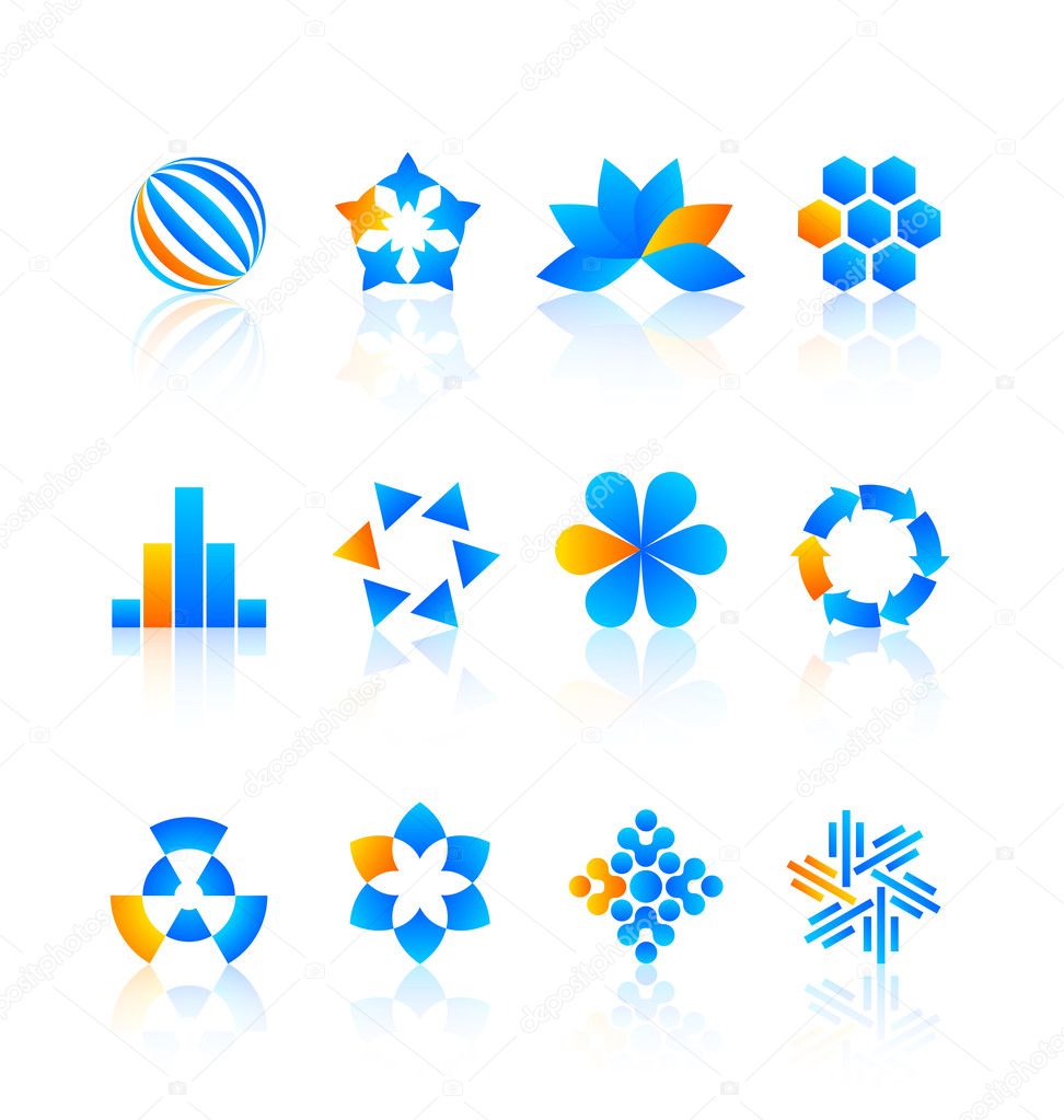 Blue and yellow logo design elements with reflections