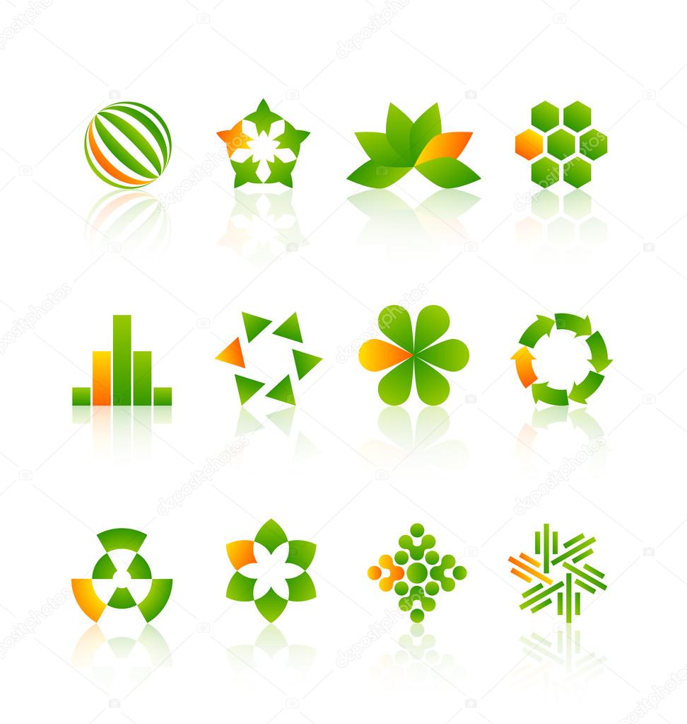 Green and yellow logo design elements with reflections
