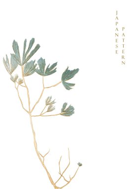 Japon arka planında bonsai çam ağacı vektörü var. El çizimi doğal afiş tasarımı ve klasik tarzda dalga deseni.