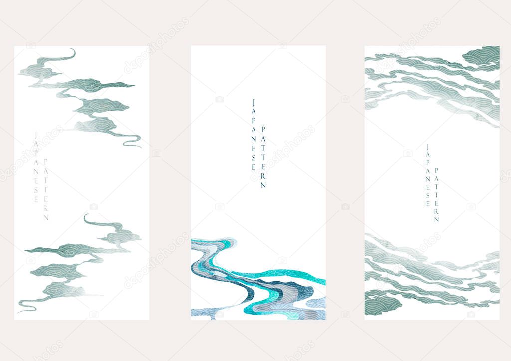 Japanese background with watercolor texture vector. Brush stroke decoration with hand drawn ocean sea elements in vintage style. Wave pattern.