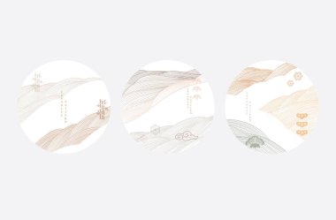 Japon arka planı ve çizgi dalga modeli vektörü. Geometrik desenli soyut sanat şablonu. Eski tarz Asya simgesi tasarımı olan dağ ormanı. 