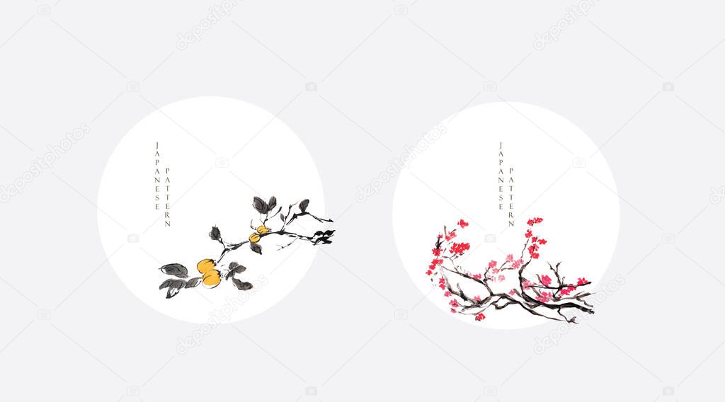 Japanese background with watercolor texture vector. Flower branch brush stroke decoration with floral pattern illustration in vintage style. Hand drawn painting in Asian traditional style.