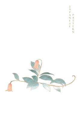 Sanat doğal arka plan. Japonca arka plan ve suluboya doku vektörü. Yaprakları klasik tarzda dekore edilmiş çiçek dalı..