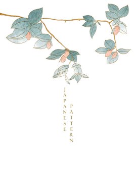 Sanat doğal arka plan. Japonca arka plan ve suluboya doku vektörü. Yaprakları klasik tarzda dekore edilmiş çiçek dalı..