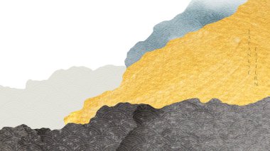 Altın ve siyah doku vektörlü soyut manzara. Dağ ormanı afişi Japon dalga desenli klasik tarzda dizayn edilmiş. Doğal sanat dekorasyonu.