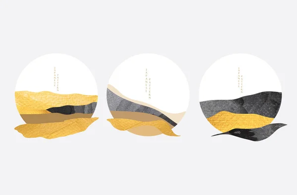 ヴィンテージ風の和波模様ベクトルの抽象的な風景 オリエンタルなスタイルで山の森のテンプレートと自然アートの背景 黒と金のテクスチャのロゴとアイコンのデザイン — ストックベクタ