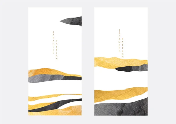 日本の波パターンベクトルを持つ抽象的な風景 ヴィンテージスタイルで山の森のテンプレートと自然アートの背景 金と黒のテクスチャカードのデザイン — ストックベクタ