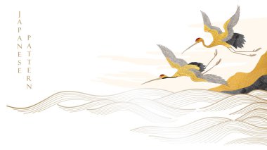 Turna kuşu dekorasyon vektörü. El çizimi dalga desenli Japon arka planı. Klasik tarzda doğal manzara şablonuna sahip okyanus sancak tasarımı.