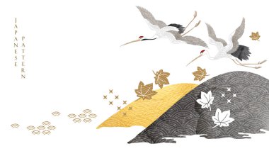 Japon dalga desen vektörlü soyut manzara. Dağ Ormanı Davetiye Şablonu 'nun klasik tarzında doğa sanatı geçmişi. Doğu tarzında Asya bayrağı ve turna kuşları.