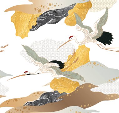 Japon arka planı, el çizimi vinç kuş vektör desenli vintage tarzıyla. El çizimi dalga dekorasyonlu sanat manzarası tasarımı. Altın ve siyah doku. 