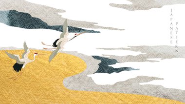 Japon dalga desen vektörlü soyut manzara. Dağ Ormanı Davetiye Şablonu 'nun klasik tarzında doğa sanatı geçmişi. Turna kuşları süslemesi ve altın ve siyah doku.