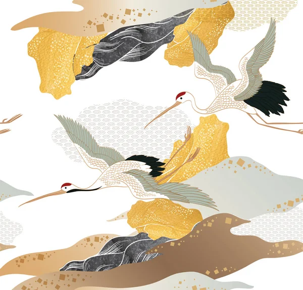 Japon Arka Planı Çizimi Vinç Kuş Vektör Desenli Vintage Tarzıyla — Stok Vektör