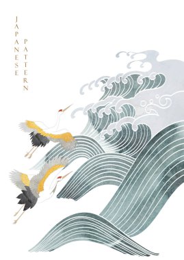 Japonca arka plan ve suluboya doku vektörü. Elle çizilmiş fırça darbesi dekorasyonu, eski usul okyanus unsurları. Dalga deseni. Turna kuşu elementleri.