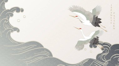 Turna kuşu dekorasyon vektörü. El çizimi dalga desenli Japon arka planı. Okyanus sancak tasarımı, doğal manzara sanat şablonu, klasik tarzda..