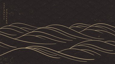 Klasik stil vektör ile altın çizgi dalga dokusuna sahip Japon siyah arka planı. Soyut sanat modeli. Doğu tarzında şablon ve pankart tasarımı.