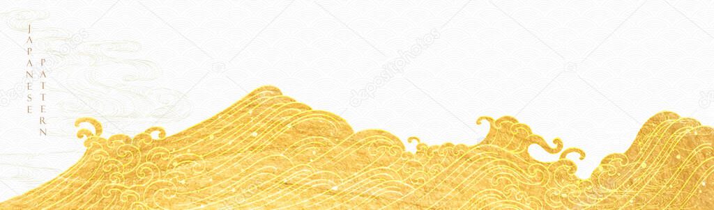 Japanese background with hand drawn wave line vector. Gold texture in vintage style. Presentation template design, poster, flyer, website backgrounds, banner or advertising