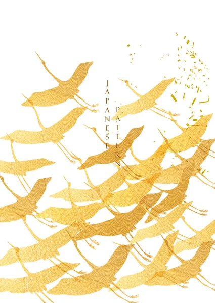 Crane Birds Pattern Gold Texture Japanese Style — Stock Vector