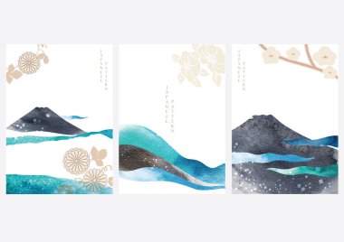 Japon usulü çiçek vektörlü Fuji dağı. Suluboya desenli sanat manzarası çizimi.