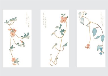 Sanat doğal davet kartı tasarımı. Japonca arka plan ve suluboya doku vektörü. Yaprakları eski tarz dekore edilmiş dal çiçeği.. 