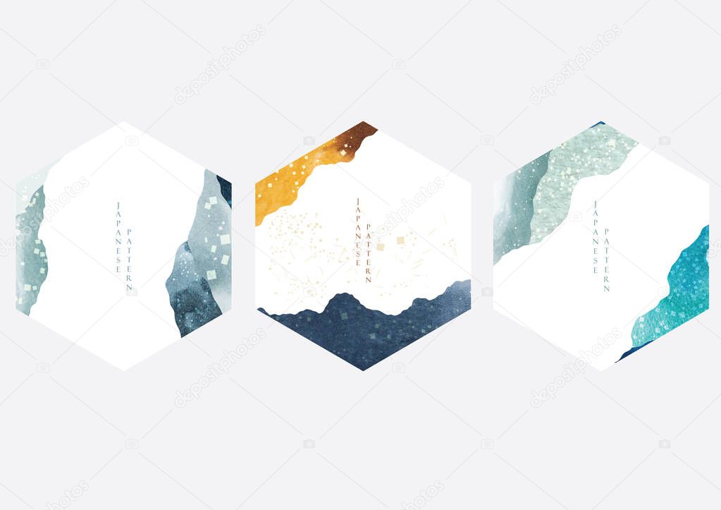 Japanese background with watercolor texture vector. Abstract art template with geometric pattern. Mountain layout design in oriental style. Yellow and blue brush stroke banner.