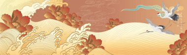 Japon arka planı, el çizimi okyanus dalgası şablonu, klasik tarzda. Vinç kuşlarının kart tasarımlı sanat manzara afişi tasarımı. Şakayık çiçek deseni.