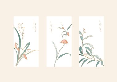 Sanat doğal ikonu ve logo tasarımı. Japonca arka plan ve suluboya doku vektörü. Yaprak dalları klasik tarzda dekore edilir. Çiçek illüstrasyonu.