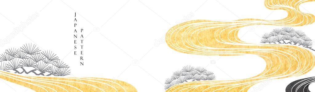 Japanese background with gold and black texture painting texture. Oriental natural wave pattern with ocean sea and bonsai tree decoration banner design in vintage style