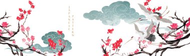 Turna kuşu vektörü. Suluboya desenli Japon arkaplanı. Doğu doğal desenli, Çin bulut süsleme afişi tasarımlı, klasik tarzda. Çiçek desenli bir dal..