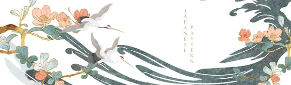 Kranfågelvektor Japansk Bakgrund Med Akvarell Textur Målning Konsistens Orientalisk Naturlig — Stock vektor