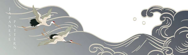 鹤鸟装饰矢量 日本背景 手绘波浪图案 具有自然景观设计的老式风格的海洋横幅设计 — 图库矢量图片