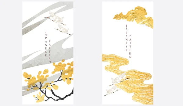 Vetor Pássaros Guindaste Fundo Japonês Com Textura Dourada Preta Padrão —  Vetores de Stock
