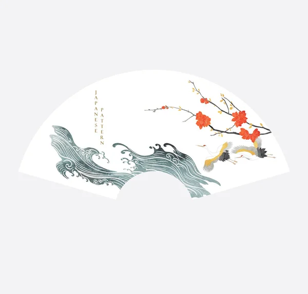 金と青のテクスチャベクトルを持つ日本の背景 ヴィンテージスタイルの竹や中国の雲の装飾 鶴鳥の要素とアート風景 — ストックベクタ