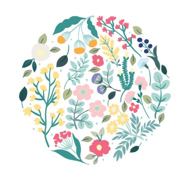 Çiçek pankartı ya da çiçeklerle süslenmiş çok renkli çiçek ve yapraklarla sınır. Bahar botanik düz vektör çizimi beyaz arkaplan üzerinde daire şeklinde basit bir şekilde