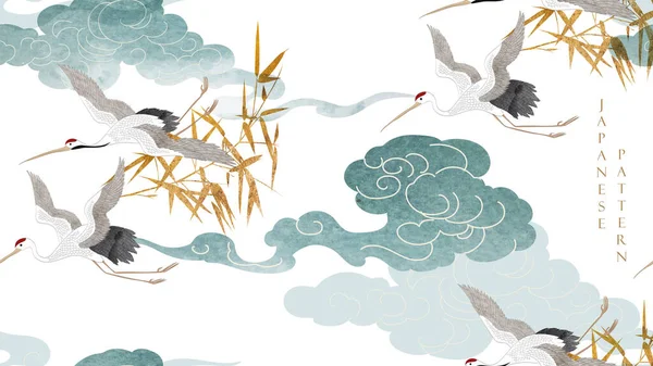 Kraanvogel Decoratie Vector Chinese Wolk Achtergrond Met Hand Getrokken Bamboe — Stockvector