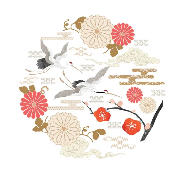 Turna kuşu dekorasyon vektörü. El çizimi dalga desenli Japon çiçeği arkaplanı. Çiçeğin doğal pansiyoner şablonu klasik tarzda..