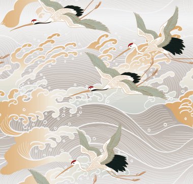 Turna kuşları Japon kökenli. Elle çizilmiş dalga elementi, doğuya özgü, dikişsiz okyanus deseni. Klasik tarzda soyut sanat afişi tasarımı. 